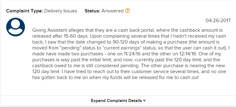 Giving Assistant Cash Back Complaint Giving Assistant Cash Back Complaint