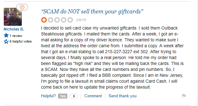 CardCash Complaint About Selling Gift Cards
