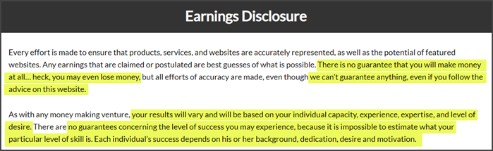 Free Turnkey Websites Review - Earnings Disclosure